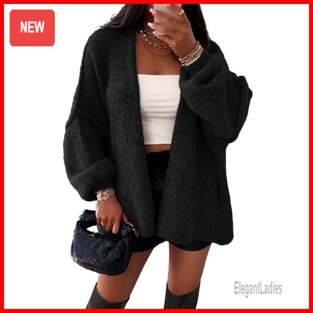 Oversized Cardigan with Lantern Sleeves Lightweight Knit Open Front Sweater